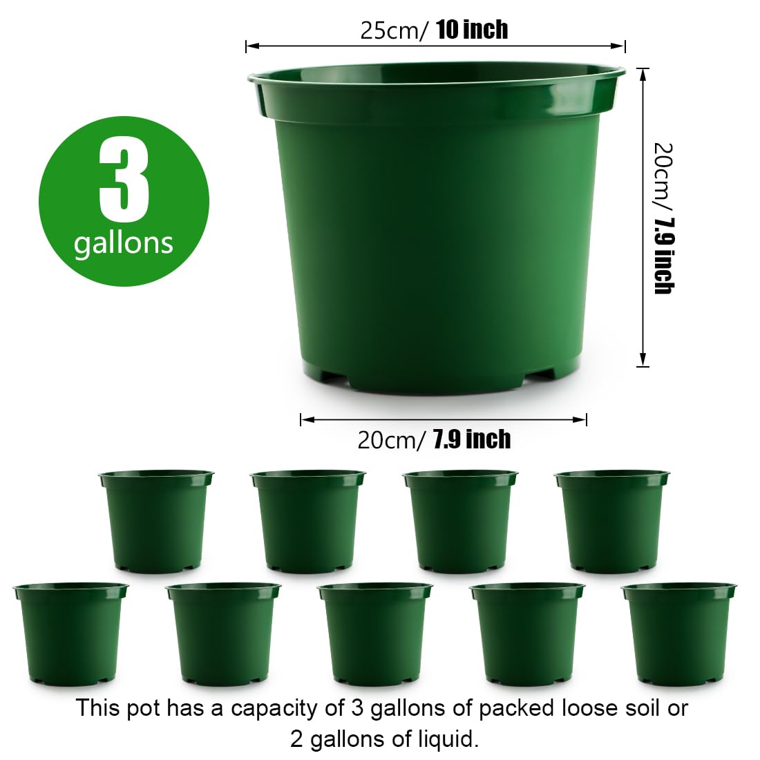 RooTrimmer 3 Gallon Plastic Nursery Pots, 10 Inch Round Plant Pots with Drainage Holes, 10 Pack Planting Pot for Outdoor Indoor Plants, Gardening Gifts for Women, Green