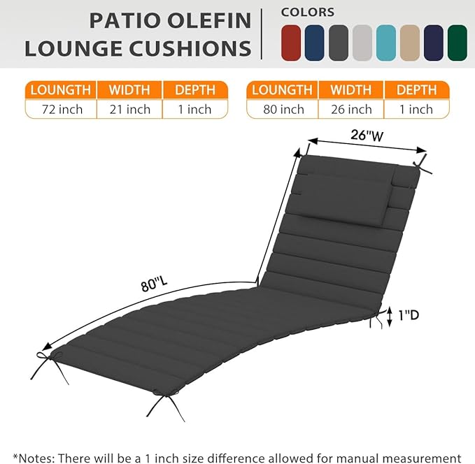Sundale Outdoor Olefin Quilted Lounge Cushion Set of 2, Patio Foldable Chaise