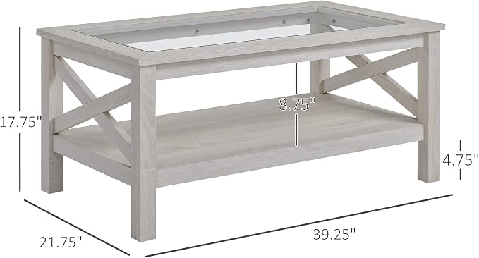 HOMCOM Farmhouse Style Coffee Table with Wood Frame, Tempered Glass Tabletop and Underneath Storage Shelf, Side Table for Living Room, 39.25"x21.75", White Oak