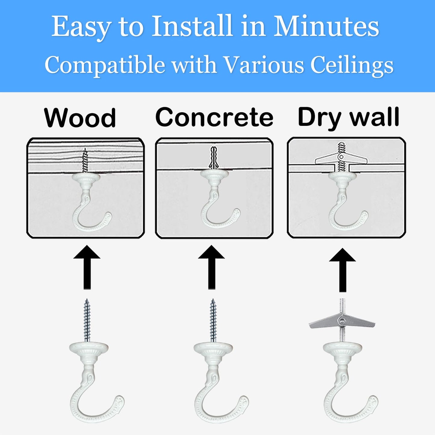 Evsteluo 4 Sets Heavy-Duty Ceiling Hooks with Complete Kit – Fit Wood, Cement & Drywall Ceilings for Hanging Plants (White)