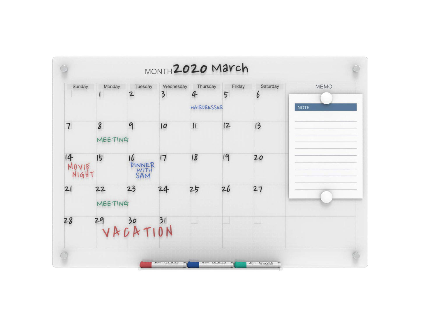 Audio-Visual Direct Magnetic Glass Dry Erase Board Set (3' x 2', Calendar Ultra White) for Wall - Monthly Planner