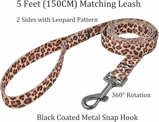 Dog Collar Leash Set, Leopard Pattern, Polyester Material, Adjustable Collar and 5ft Matching Leash, for Puppy Dogs.(XS, Light Coffee Leopard)