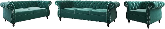 3 Piece Living Room Set, Velvet Chesterfield Sofa Loveseat Couch Chair