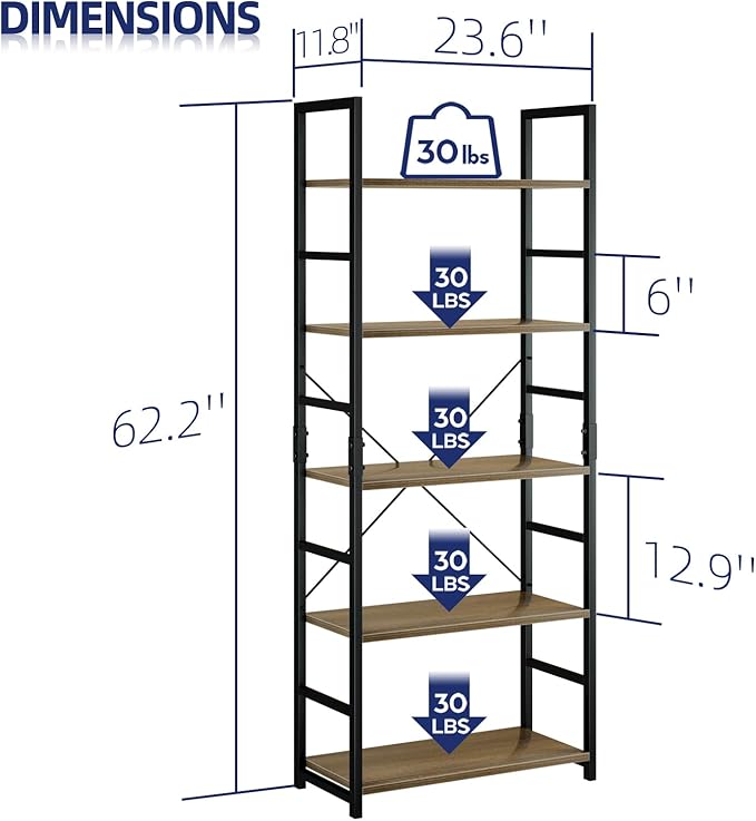 NUMENN 5 Tier Bookshelf, Tall Bookcase Shelf Storage Organizer, Modern Book