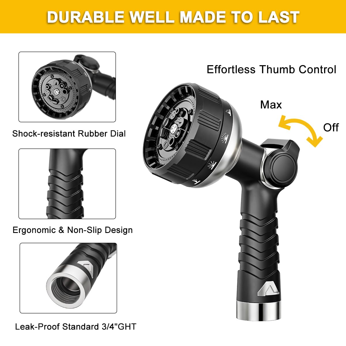 FANHAO Heavy Duty Garden Hose Nozzle, 100% Metal Water Hose Sprayer with 10 Spray Patterns, High Pressure Thumb Control On/Off Valve Water Nozzle for Plants Watering, Car & Pet Washing