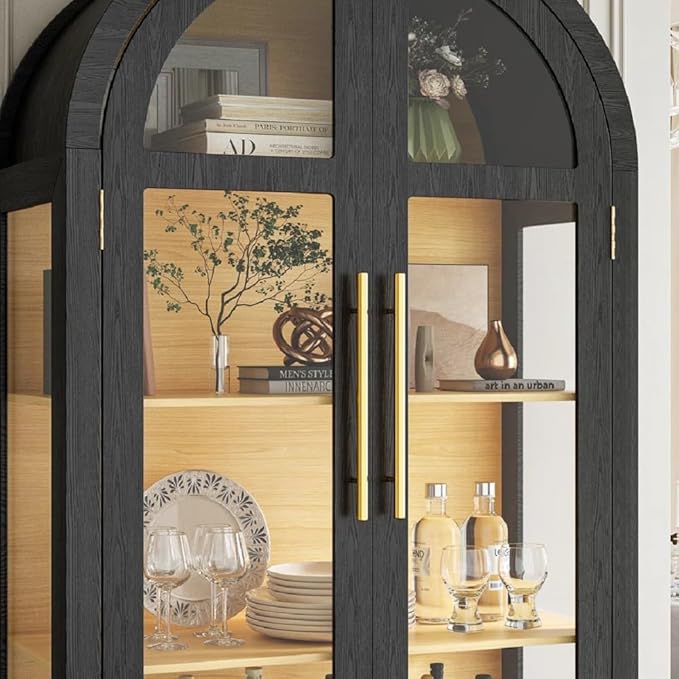 Arched Curio Cabinet with Glass Doors, 4-Tier Display Cabinet with 2 Drawers
