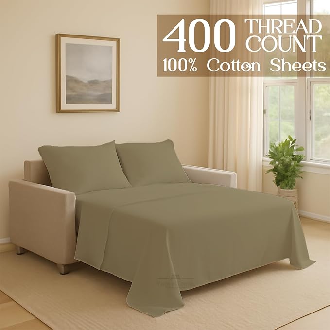 Sleeper Sofa Bed Sheet, 100% Cotton 400 Thread Count, 4 Piece Set, Deep Pocket