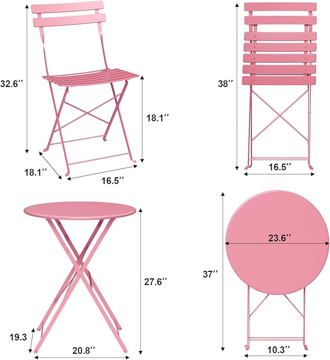 3-Piece Folding Bistro Set Outdoor Patio Furniture, Space-Saving Foldable