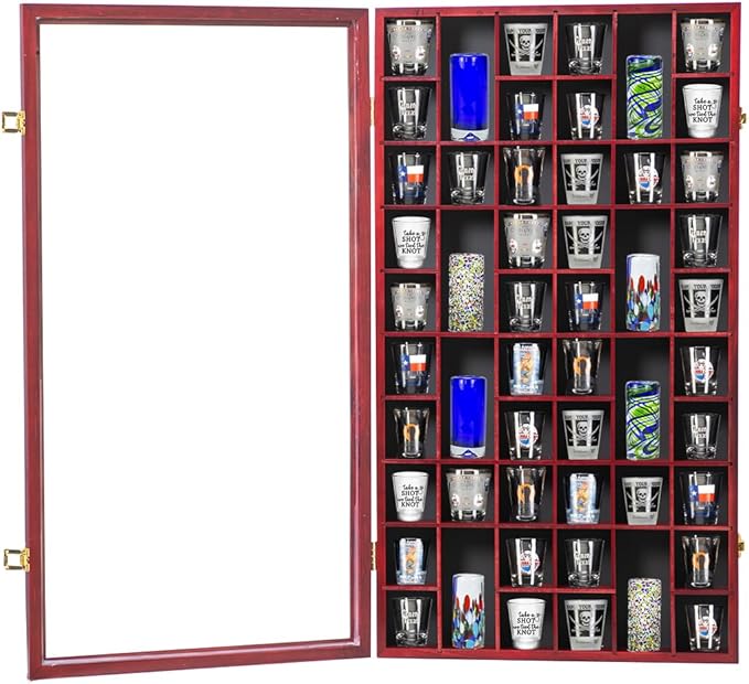 Shot Glass Display Case Large Wooden Cabinet Rack Holder Wall Mounted Mahogany