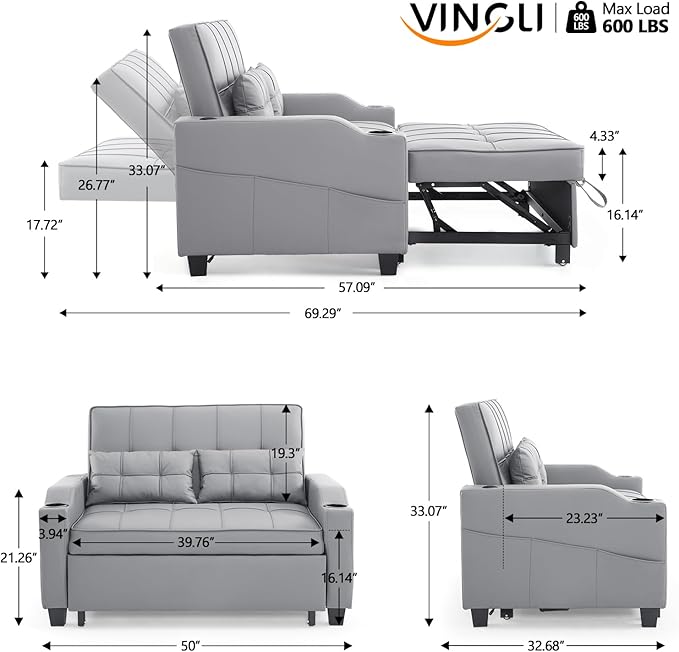 VINGLI Light Grey Futon Sofa Bed Convertible Loveseat Sleeper Couch, Faux