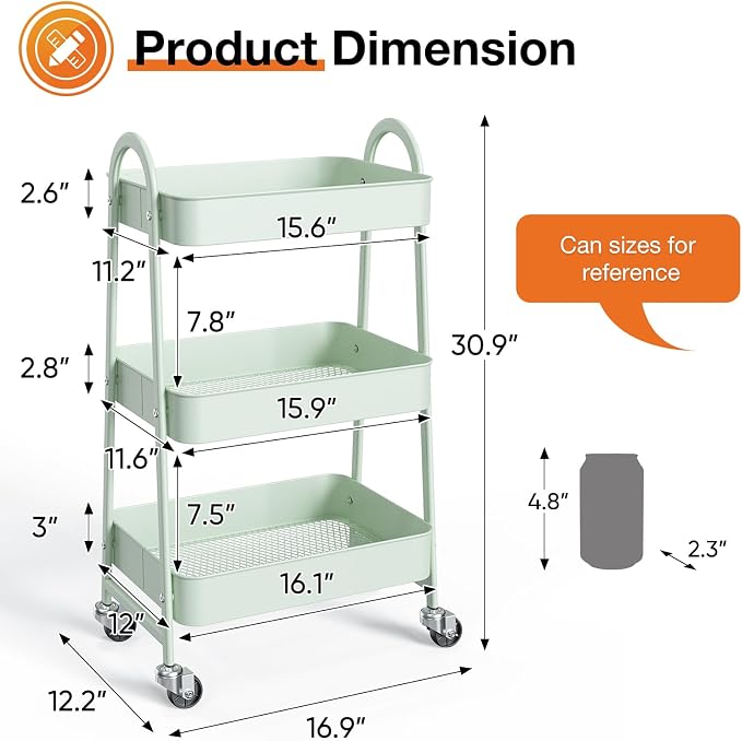 NEWBULIG 3-Tier Metal Rolling Cart with Lockable Wheels, Heavy Duty Mobile Utility Storage Shelf, Roller Book Snack Cart, Organization for Livingroom, Bathroom, Office, Green