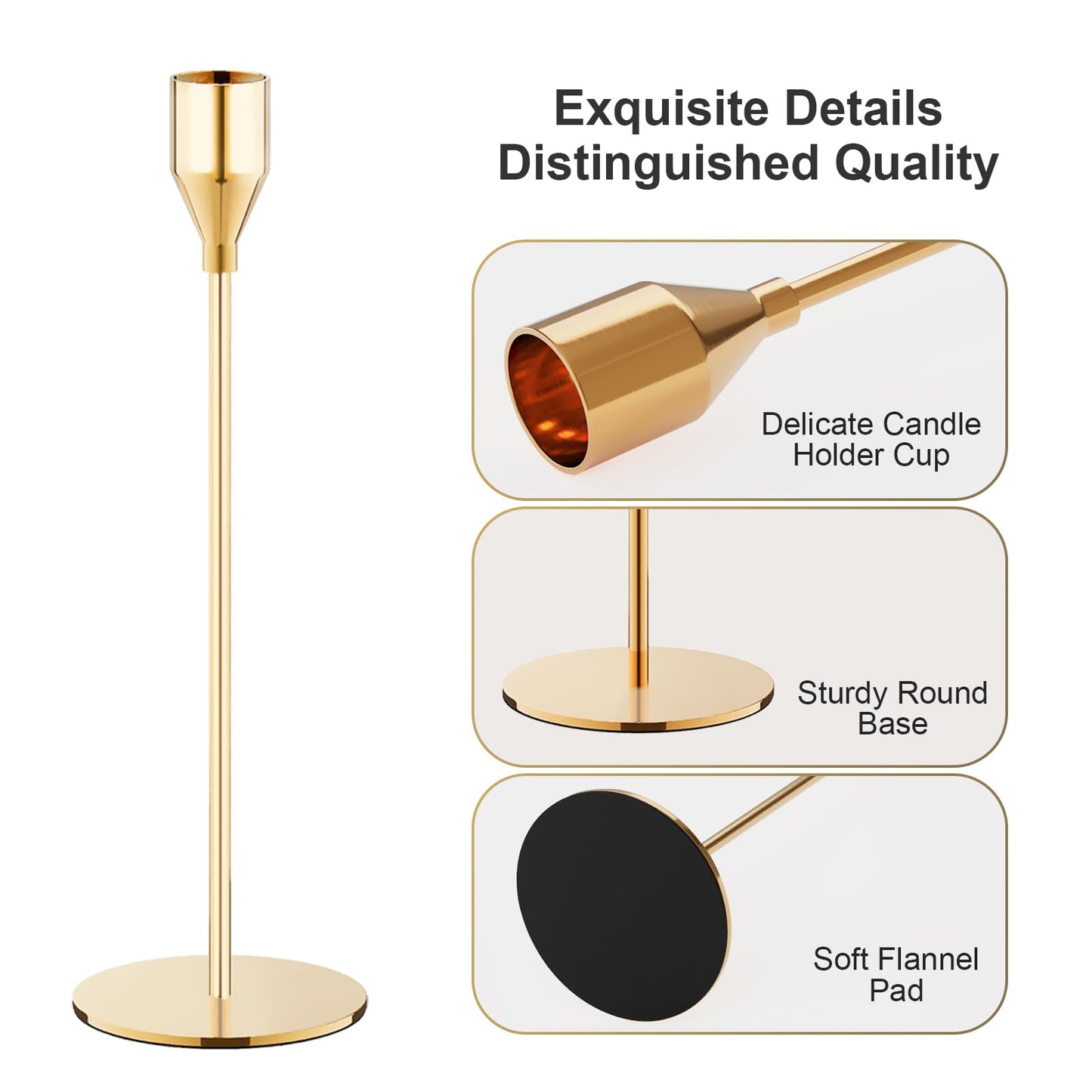 NLBTW Gold Taper Candle Holders, Set of 3 Metal Candlestick Holders for Candle Sticks Holder Decor, Ideal for Mantle Table Centerpiece, Weddings, Dining, Housewarming Gift & Anniversaries