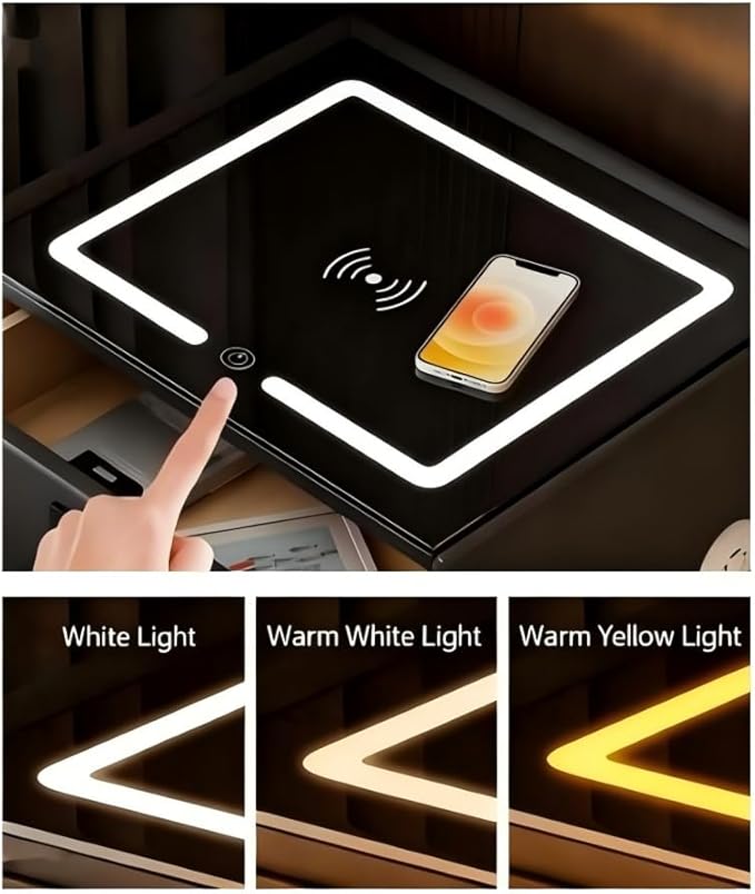 Smart Nightstand with 3 Drawers, Tri-Color Lights, Wireless Charging Port and