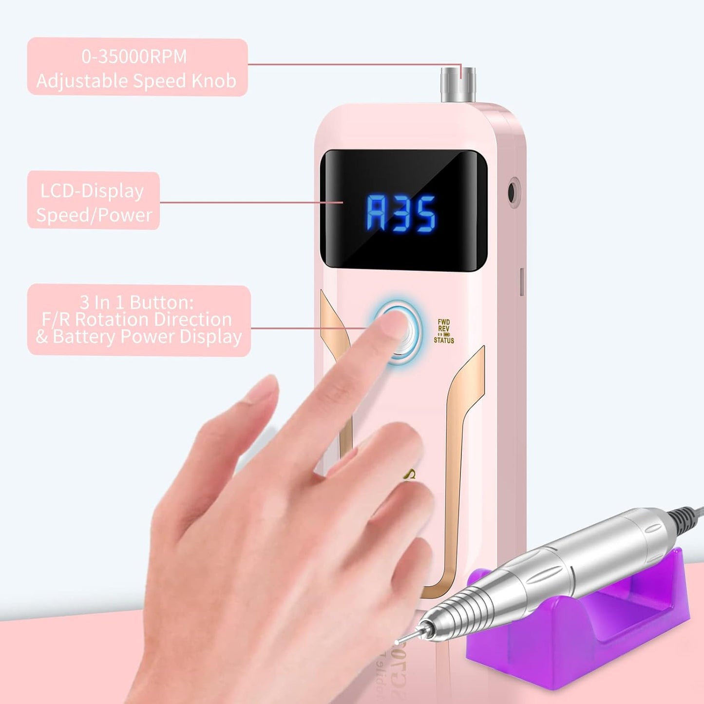 Portable Nail Drill Professional 35000 RPM, MOCOWIND Rechargeable Electric Nail File Machine E File for Acrylic Gel Polishing Removing, Cordless E-File with Bits Kit for Manicure Salon Home, Pink