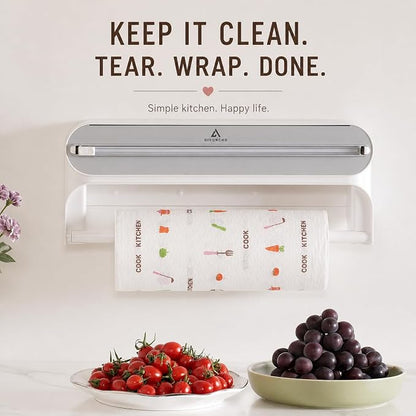 Magnetic Plastic Wrap Dispenser with Cutter, 2-in-1 Kitchen Wrap Organizer for Plastic Wrap, Cling Film & Aluminum Foil, Wall Mount Foil Dispenser (2 in 1)