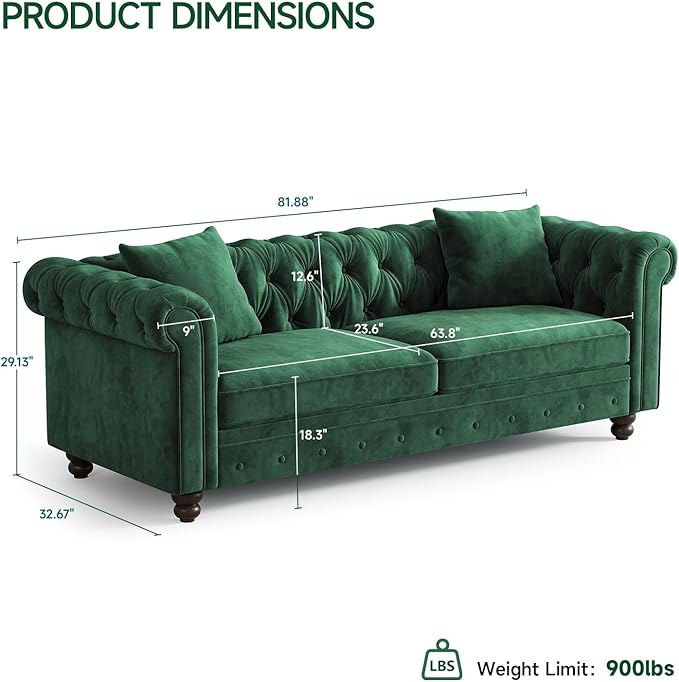 ONBRILL 82 Inch Chesterfield Sofa, 23 Inch Deep Seat Velvet Couch
