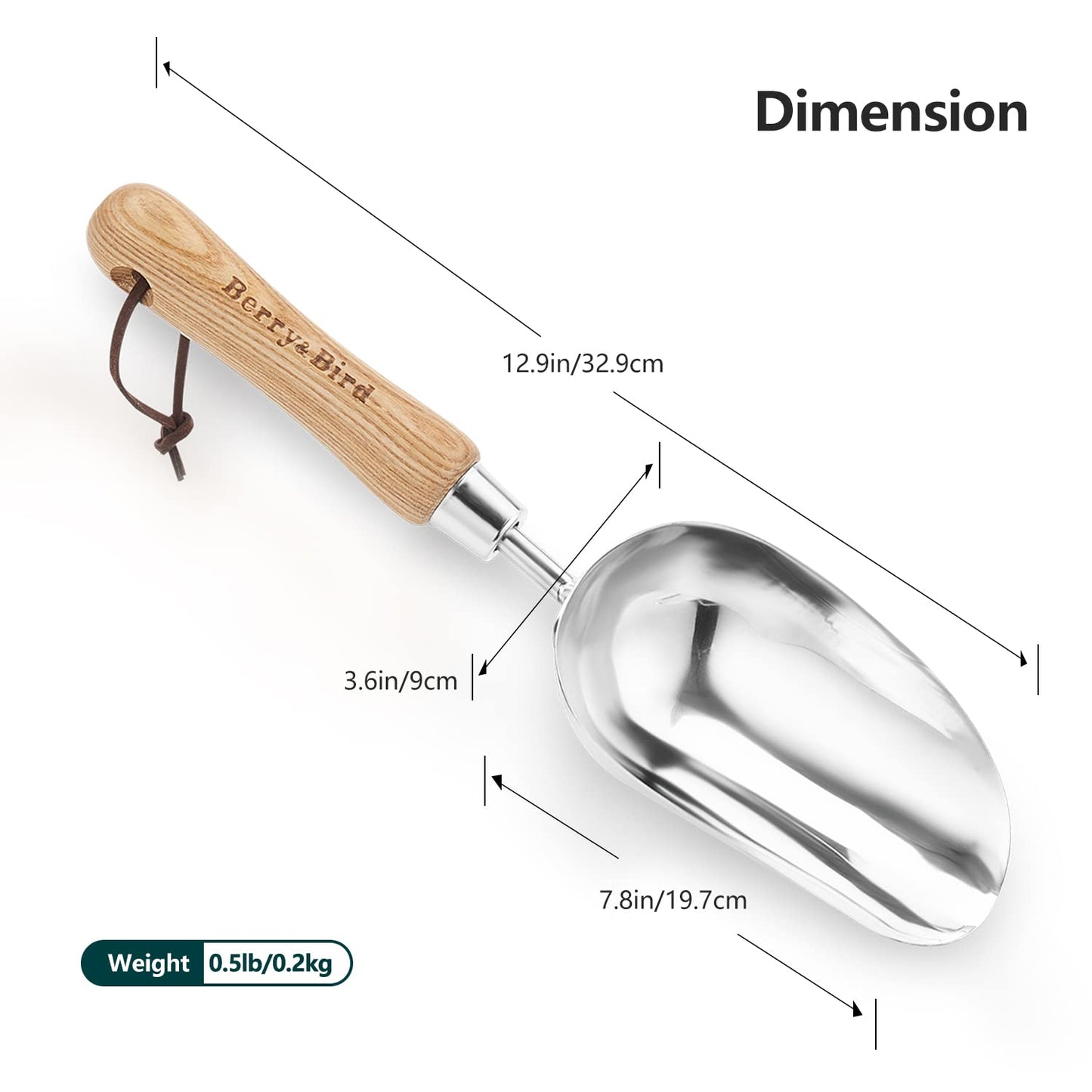 Berry&Bird Garden Loose Soil Scoop, Stainless Steel Hand Shovel Spade with Wood Handle Multi Function Gardening Trowel Spoons for Transplanting, Digging, Planting, Cultivation