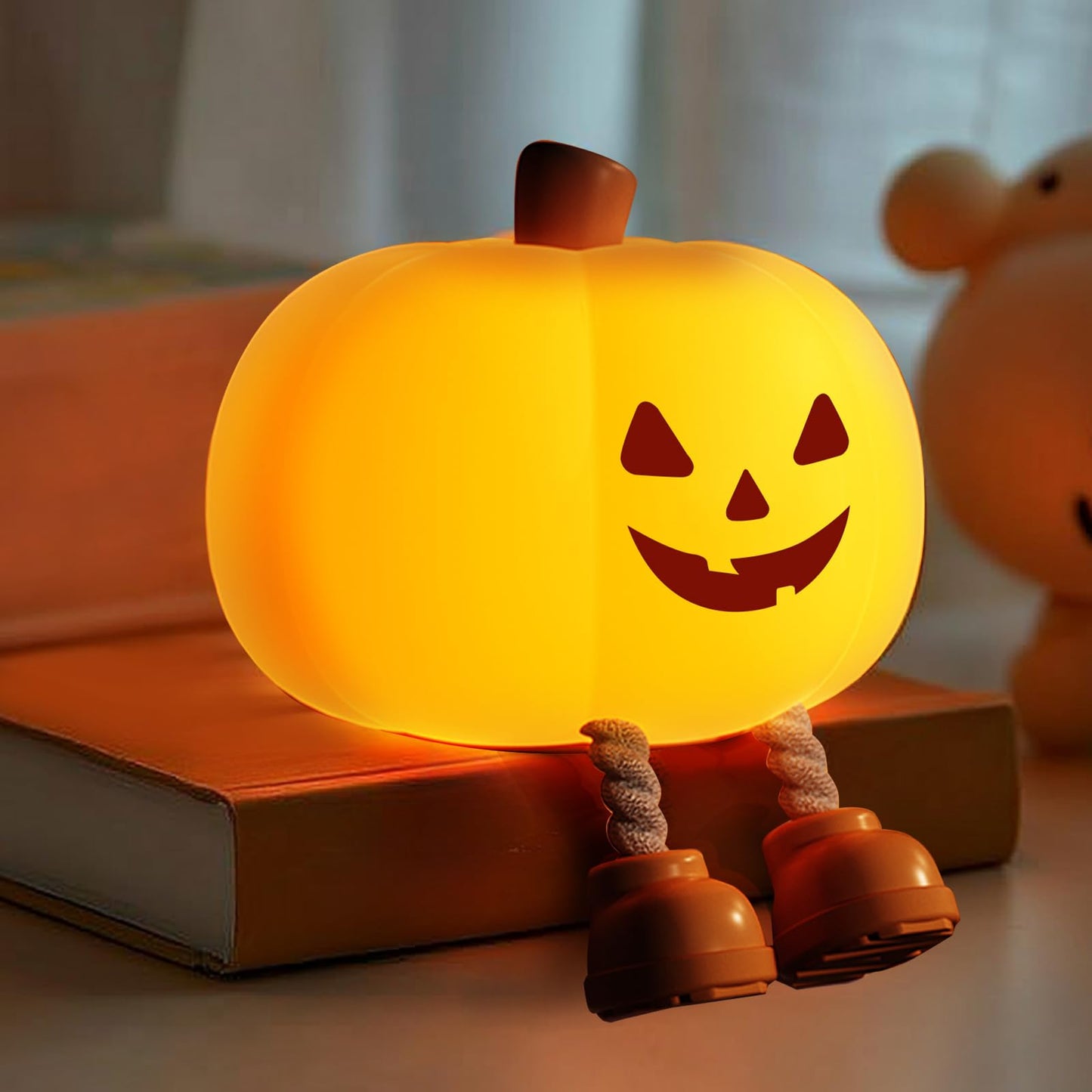 Gefaxi Pumpkin Night Light for Kids Cute Jack O Lantern Halloween Decor Nightlight for Baby Nursery Toddler Squishy Pumpkin Lights Cordless Rechargeable Dimmable Silicone Bedside Lamp Halloween Gifts