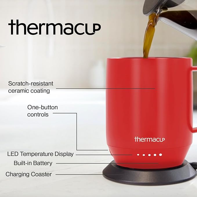 Premium Heated Coffee Mug with 5 Temperature Settings, Industry-Leading Smart Electric Cup, Up to 8-Hour Battery, 12oz with Lid (14oz Total Capacity), Cherry Red
