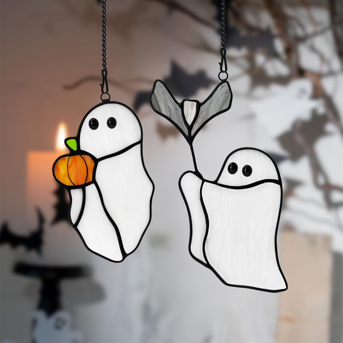 LITEPEDIA Ghosts Decor Stained Glass Window Hangings,Halloween Bat Ornament Stained Glass Suncatcher for Window,Cute Ghosts Gifts for Girls Boys,Funny Halloween Pumpkin Party Decor