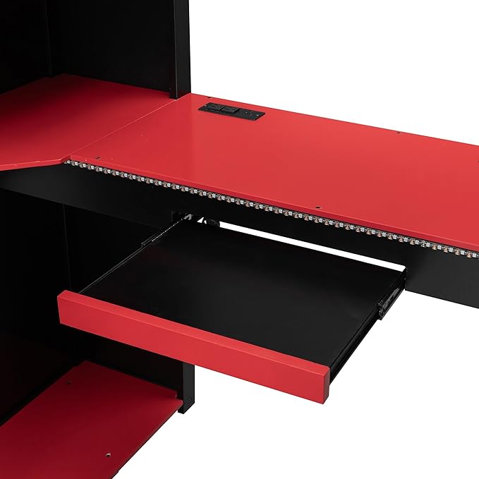 Full Size Wood Loft Bed with Built-in Workstation, Smart Storage, RGB Lighting