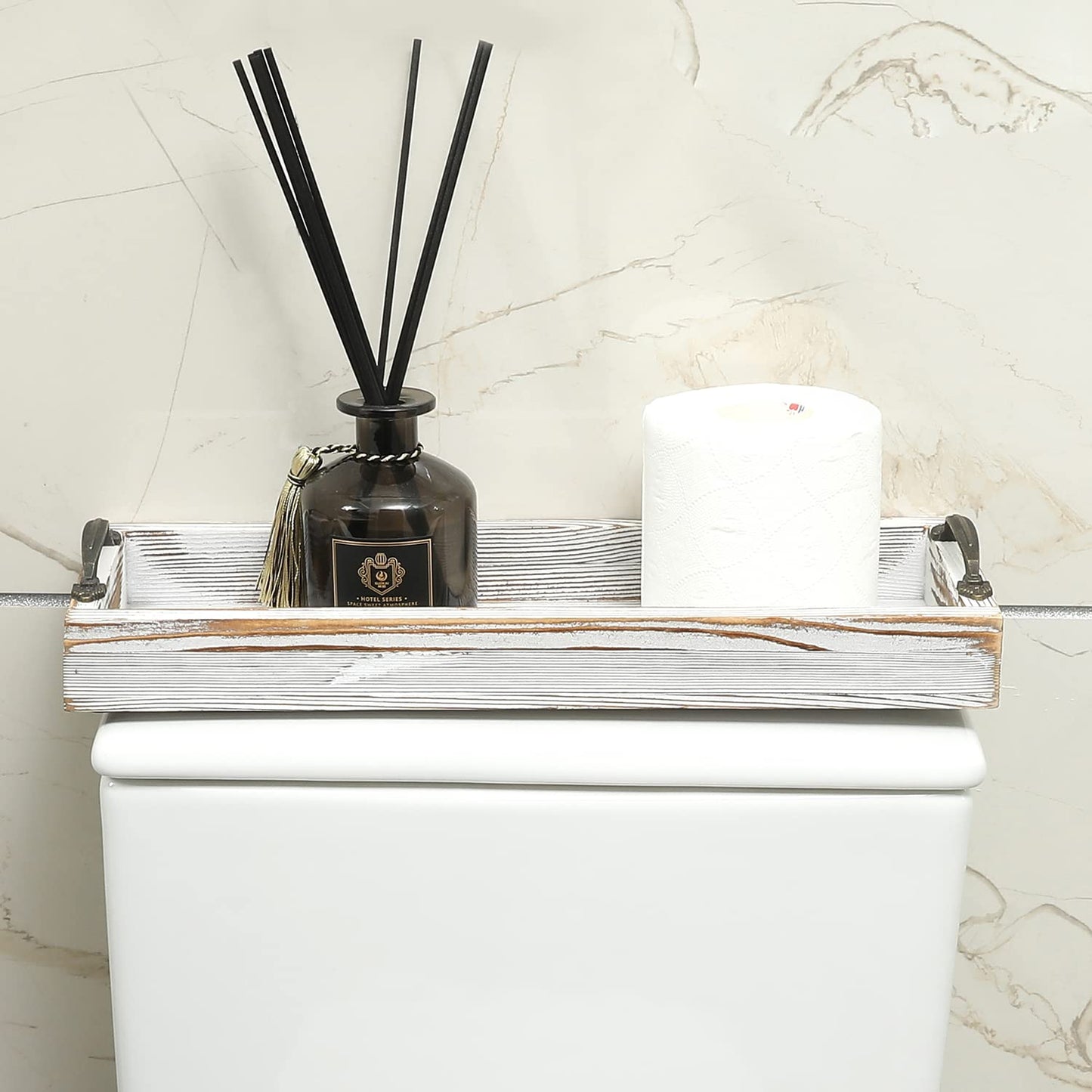 MyGift Weathered White Solid Wood Toilet Tank Tray, 16 Inch Rectangular Bathroom Vanity Tray with Aged Bronze Metal Handles