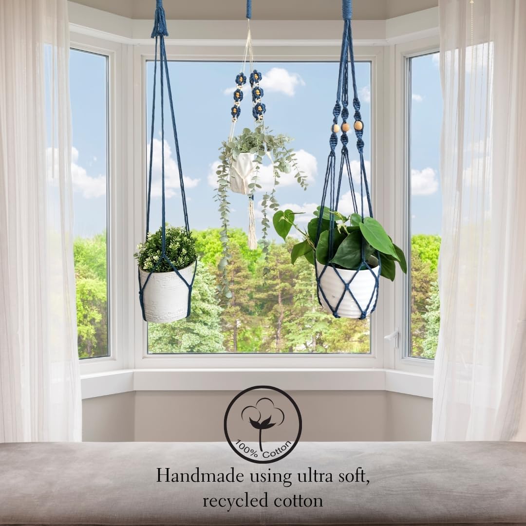 Set of 3 Macrame plant hangers with Daisies & Beads Hanging plant holder Macrame Plant hangers outdoor and indoor hanging planters Plant stand indoor Boho Decor hanging planter stand (Peacock Blue)
