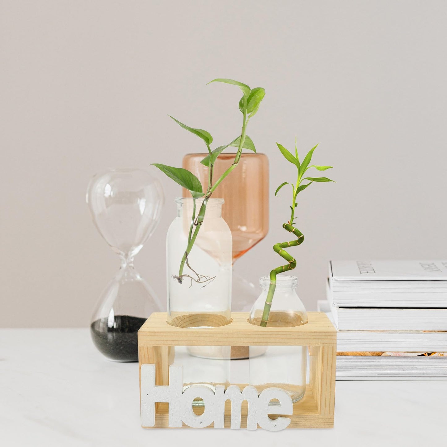 SUPVOX Nordic Style Glass Hydroponic Planter Vase with Wooden Stand, 2pcs Desktop Water Propagation Station for Home Plant Terrarium Decoration