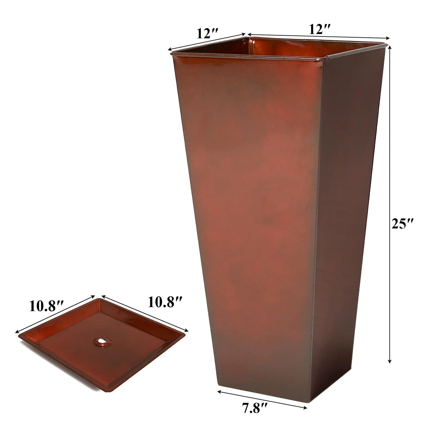 Worth Garden 25" Large Metal Glazed Planter Set of 2, Luxurious Glossy Finish Red Tall Square Tapered Steel Plant Pots, Decor Flower Pot Indoor & Outdoor, Drainage Hole & Dual-Purpose Plant Saucer