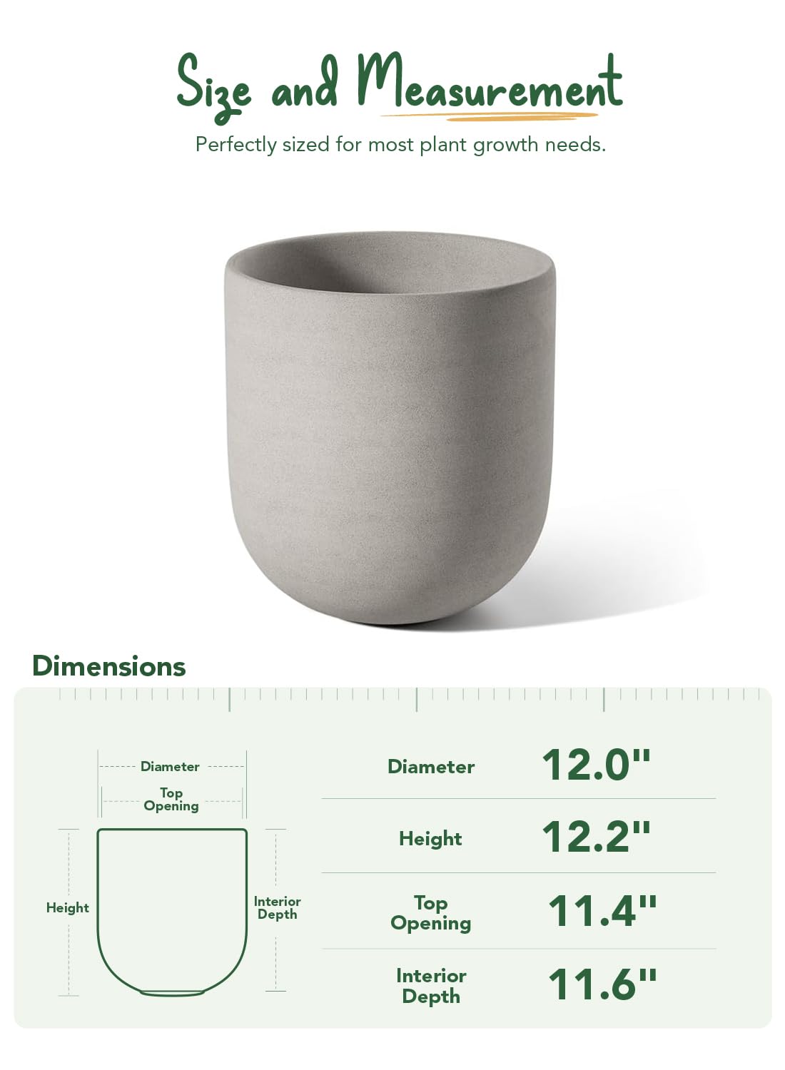 LE TAUCI 12 Inch Pots for Plants, Ceramic Large Planters for Indoor Plants, Indoor Plant Pots for Home Garden Patio Office, Planter Pots with Drainage Hole and Rubber Plug, Neutral Gray