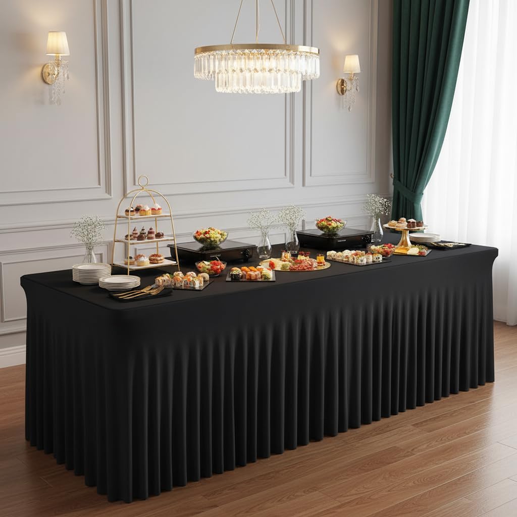 GEWONELIFE Black Rectangle Spandex Tablecloth, Fitted Stretch Table Cover for 6FT Rectangular Tables, Wrinkle-Free Elastic Table Skirt for Graduation Wedding Party Banquet Birthday Buffet Restaurant