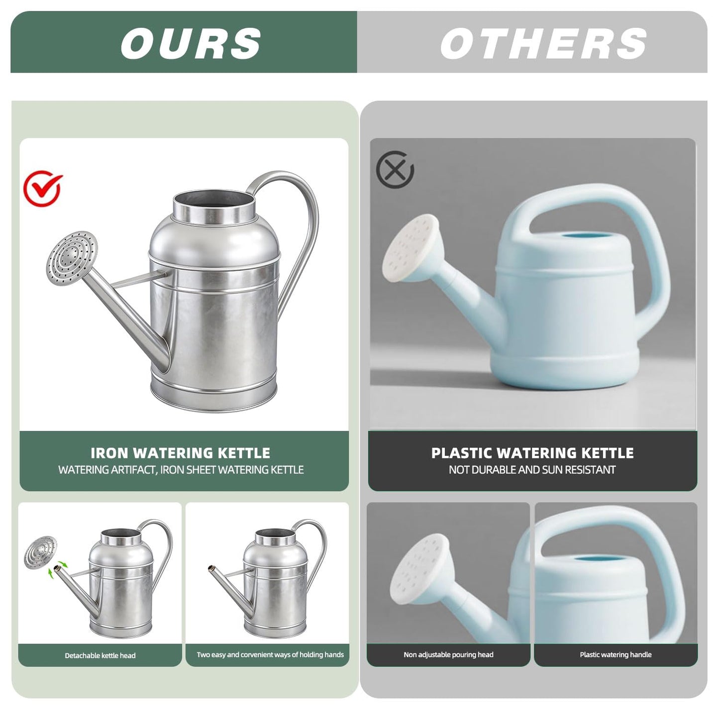 9L Metal Watering Can for Outdoor Garden, Galvanized Steel Large Watering Pot with Top Handle and Long Spout, Rust-Resistant Water Can for Flowers, Lawns, and Farm Use