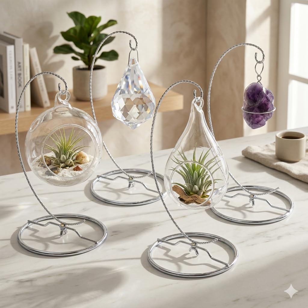 HOHIYA Christmas Ornament Display Stand 4 Pack 9.5" Chrome Silver Twist Wire Holder for 150mm Glass Terrarium Air Plants Halloween, Xmas Easter & Seasonal Decorations
