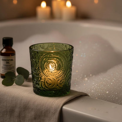 Moss Green Sun Moon Stars Glass Tealight Holders, 12 Pack