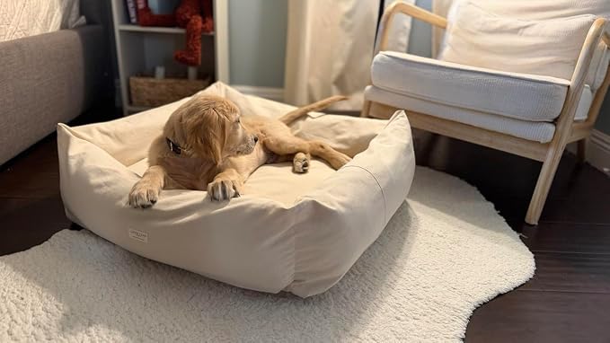Rectangular Natural Cotton Canvas Dog Bed with Raw Cotton Insert – Eco Friendly Pet Bed with Removable Washable Cover, Breathable Cushion for Dogs & Cats (Natural, Large 36" × 24" × 8")