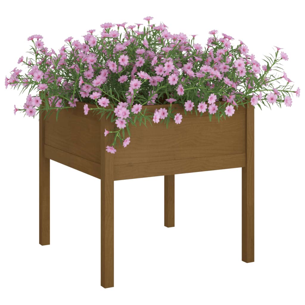 Foknhdi Rustic Square Planter 27.6 in, Honey Brown Solid Pine Raised Garden Bed Outdoor, Large Wooden Flower Box for Patio Balcony Backyard