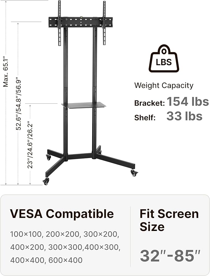 Heavy-Duty Rolling TV Stand for 32–85" Screens — Supports 187 lbs, Stable