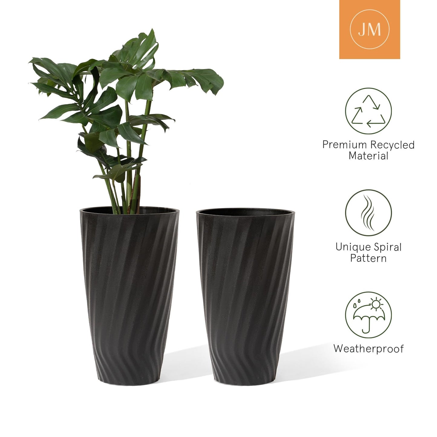 La Jolie Maison 24 Inch Tall Planters, Set of 2 Matte Black Tree Planters with Shelf Insert, Morden Large Round Plant Pots Containers for Indoor/Outdoor, Front Door, Patio and Deck