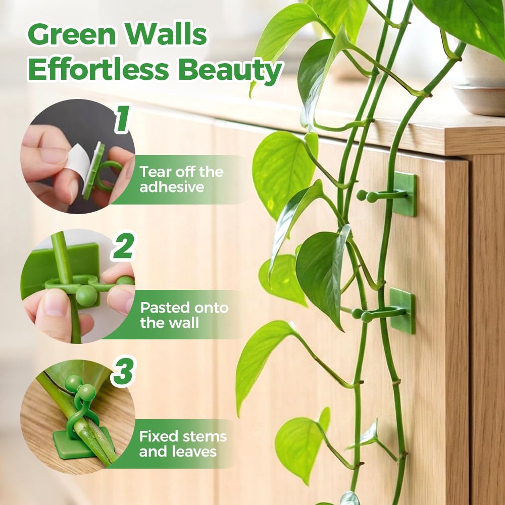 Plant Climbing Wall Fixture Clips, Plant Fixer Invisible Wall Vines Fixing Clips, Self Adhesive Vine Traction, Green Plant Fixer with Self-Adhesive Hook for Indoor Outdoor (200 Pcs)