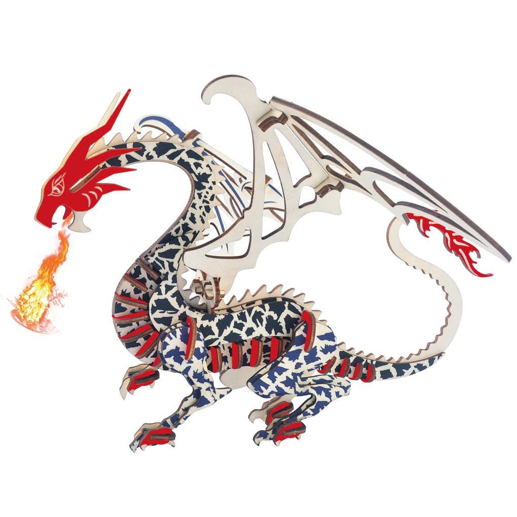 Bitopbi 3D Wooden Puzzles Laser Engraving DIY Safe Assembly Constructor Kit Toy for Teens and Adults World Animal Mechanical 3-D Models for Self-Assembly (Flying Dragon)