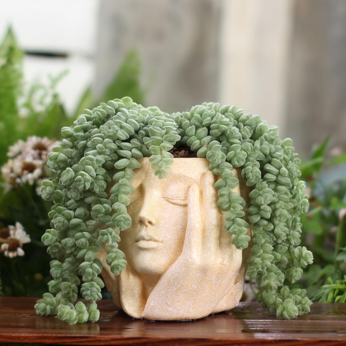 YOYLMAL Hand Holding Face Planter Pot, 5.1” Resin Women's Head Succulent Planter for Indoor Outdoor Plants, Unique Flower Pot with Drainage Hole, Gifts for Women Mom