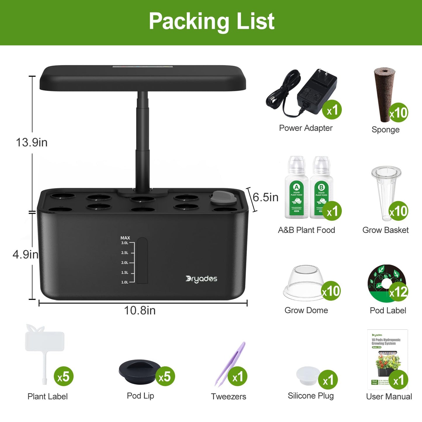 Dryades Hydroponics Growing System Indoor Herb Garden, 10-Pod Indoor Gardening System with 24W Full-Spectrum LED Grow Lights, Quiet Smart Water Pump, Plant Germination Kit for Herbs, Vegetables