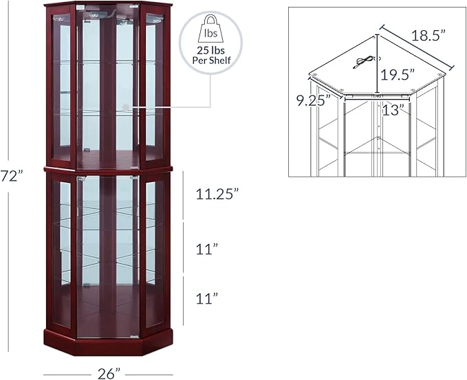 BELLEZE Lighted Corner Display Curio Cabinet Wooden Curved Shelving Unit