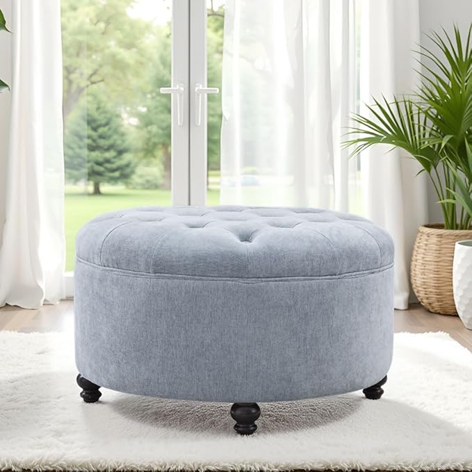 HUIMO 30-Inch Round Storage Ottoman, Modern Button Tufted Ottoman Coffee Table