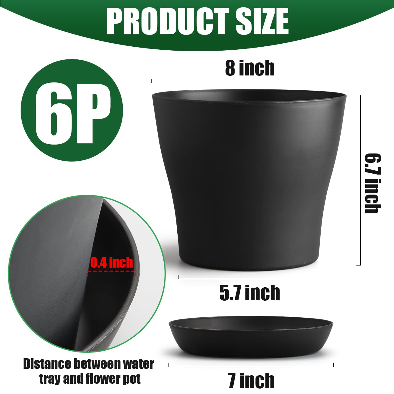 BTPLASTIK 6 Pack 8inch Plastic Round Plant Pot with Drainage Holes & Saucer, Durable 8" Black Nursery Pots Flower Pots for Indoor/Outdoor Plants, Minimalist Curved Design for Succulents, Herbs, Cacti