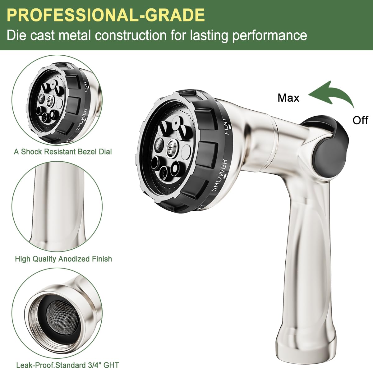 FANHAO Professional Heavy Duty Garden Hose Nozzle, 100% Metal Thumb Control Water Hose Sprayer with 8 Spray Patterns, High Pressure Water Nozzle for Lawn & Plant Watering, Car & Pet Washing