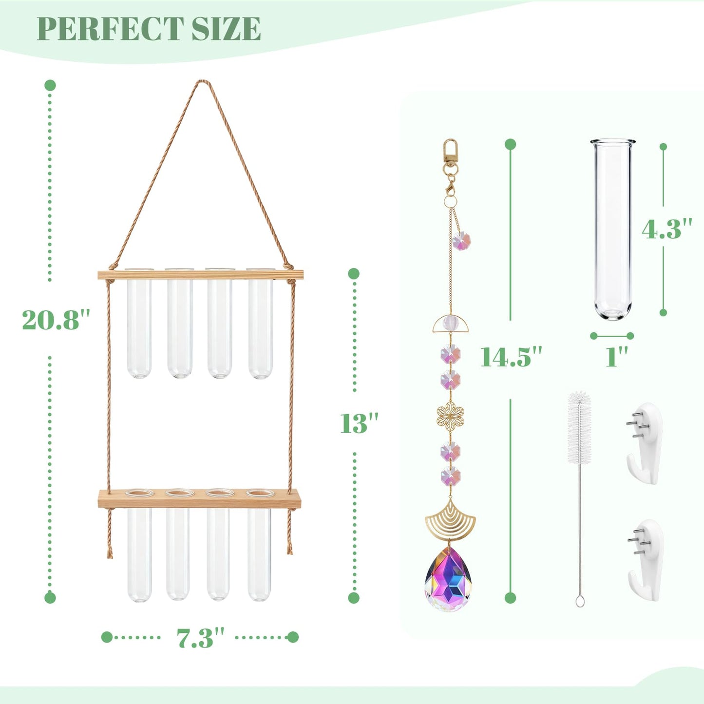 Hanging Propagation Stations with Crystal Suncatchers Glass Wall Planters for Indoor Plants Hydroponics, 2 Tiered Wooden Stand Mini Test Tube Flower Vase Glass Planter Stations for Home Decor (Beige)