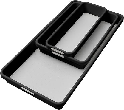 madesmart Classic 3 Bin Drawer Organizer Set, Carbon | non slip feet, rounded corners, modular layout, mixed sizes, custom fit, office craft supplies, makeup tools, woman owned