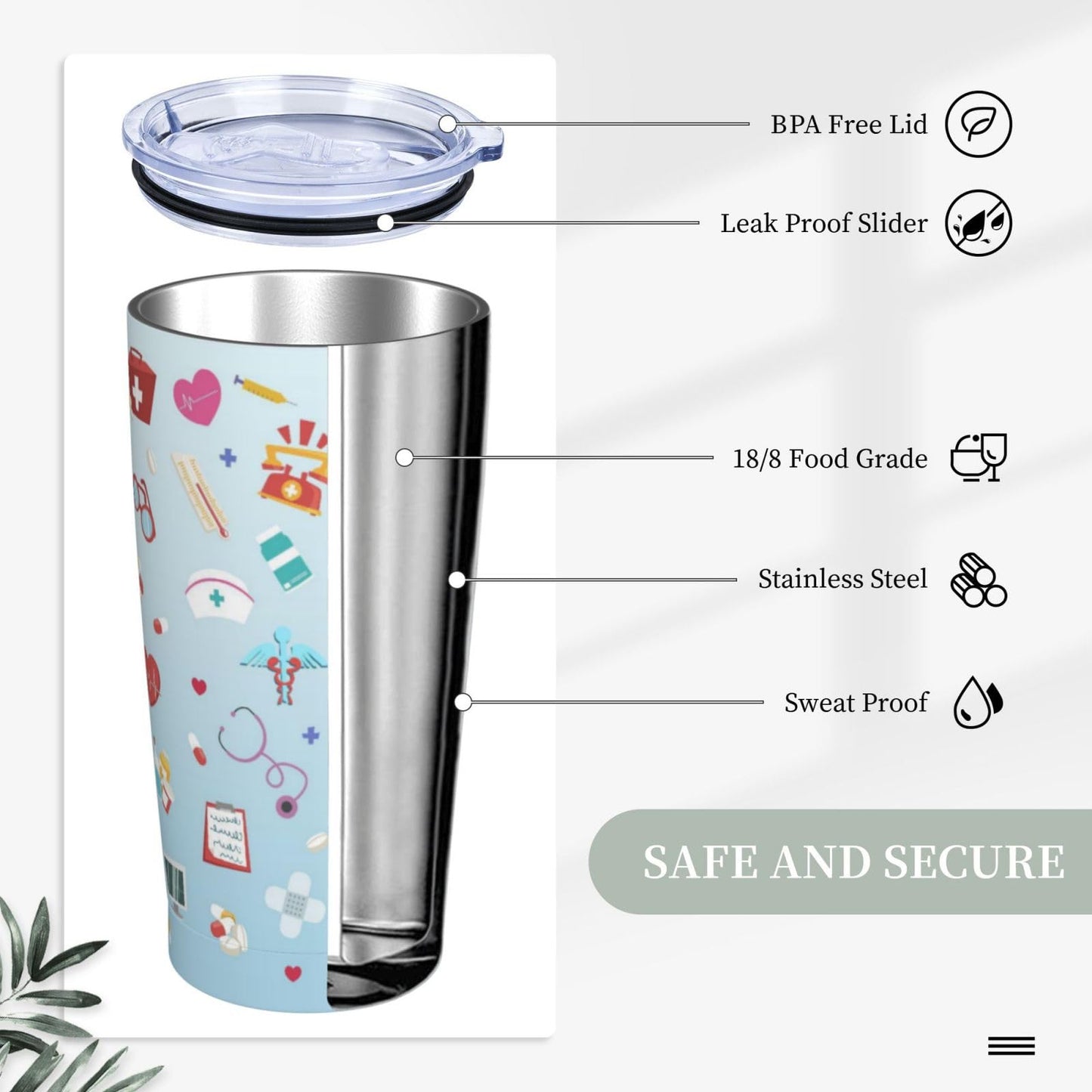 TOUNHEYA Nurse Tumbler with Lid and Straw Blue 20oz Insulated Stainless Steel Cup Blue White Travel Coffee Mug Water Bottle for Women Gift for Birthday Christmas