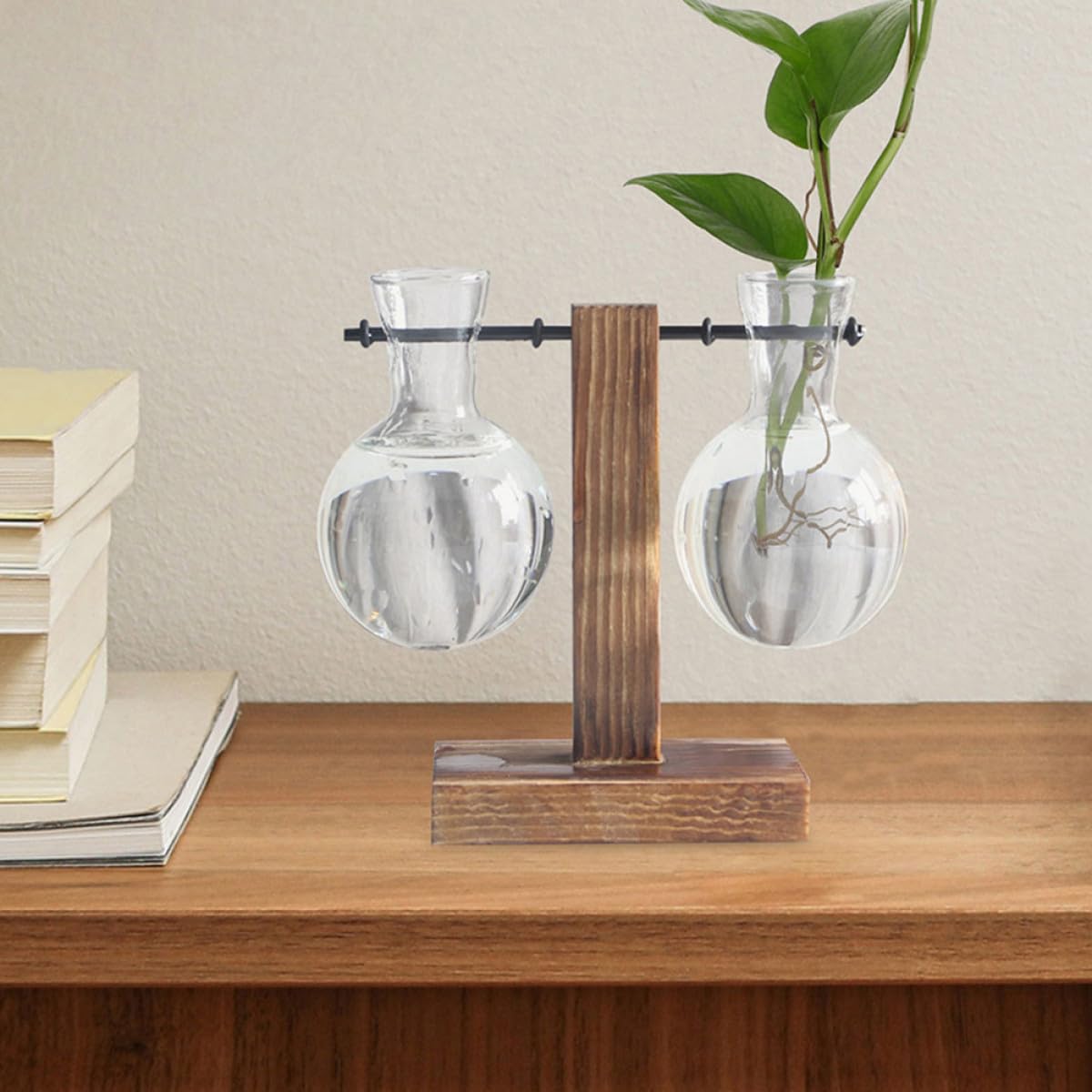VALICLUD 3Pcs High Borosilicate Glass Flower Vases with Holes and Wooden Stand, Hydroponic Plant Propagation Jars for Indoor Terrarium and Floral Arrangement